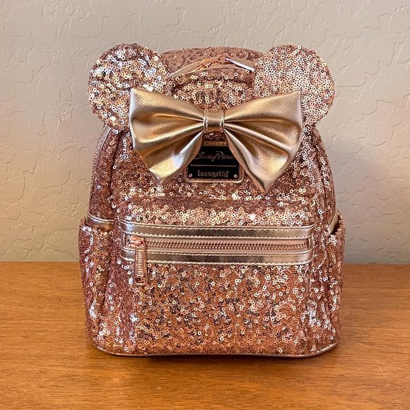 New Disney Parks Loungefly Backpack Bag Rose Gold Sequin NWT - Picture 1 of 7